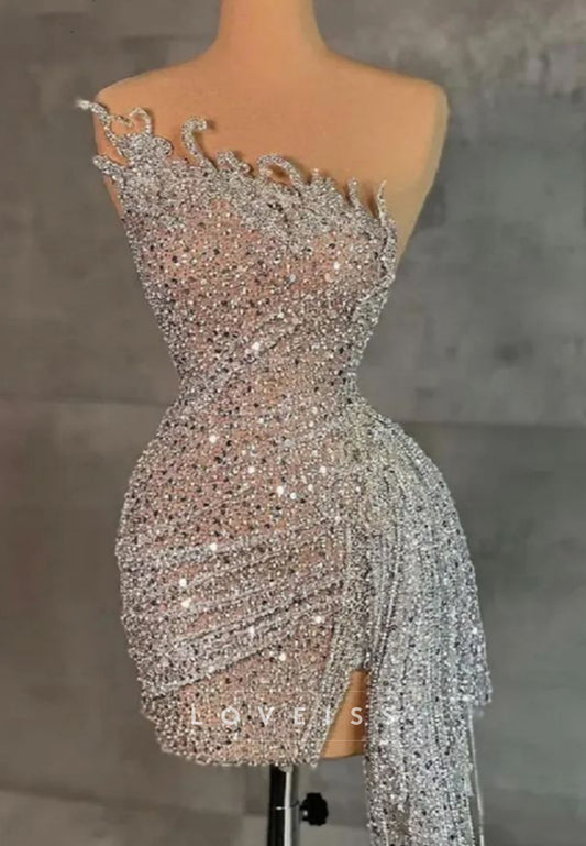 Asymmetrical Sleeveless Sequins Sheath Party Homecoming Dress