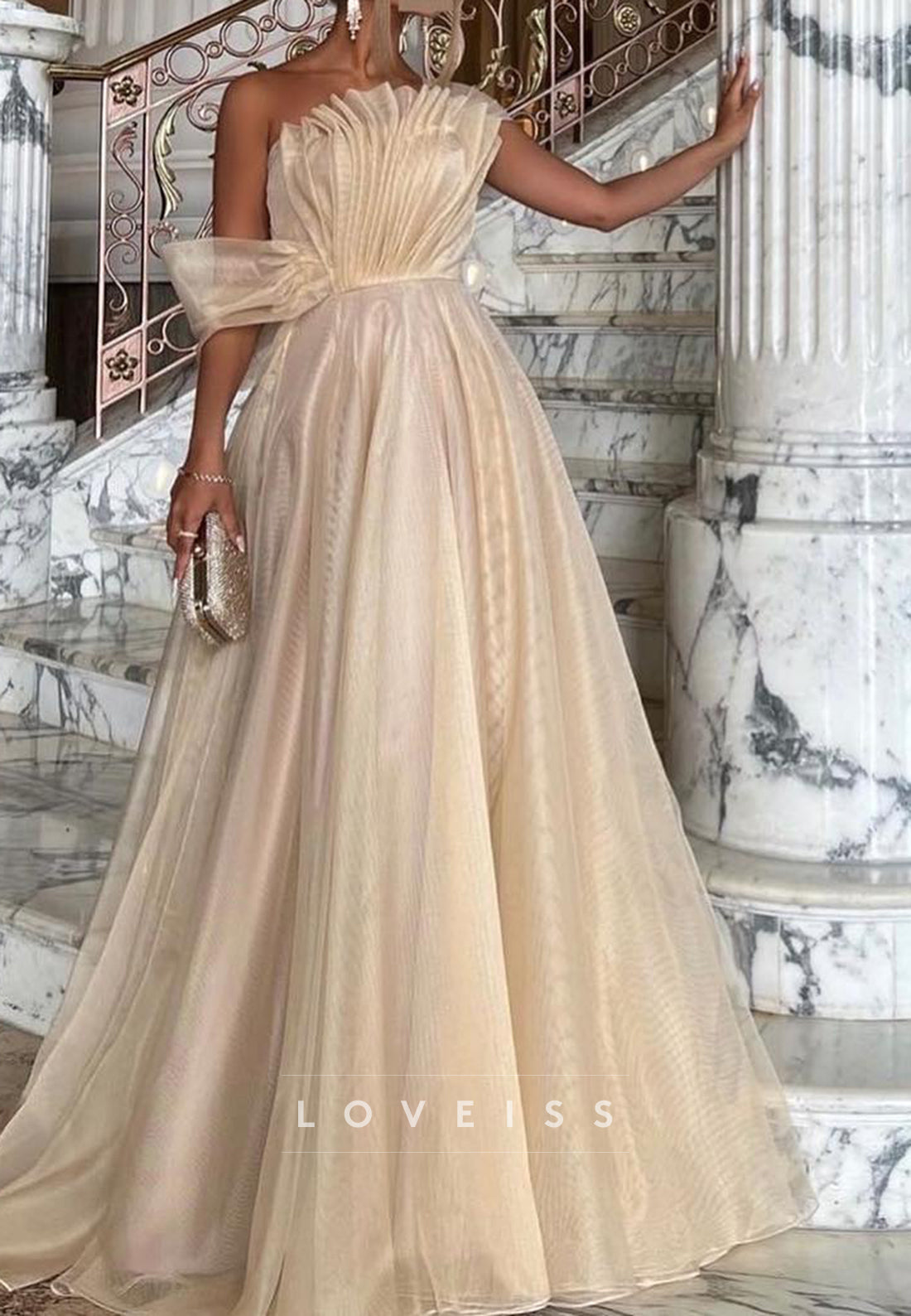 Asymmetrical Sleeveless Tulle Pleated A-Line Formal Dress