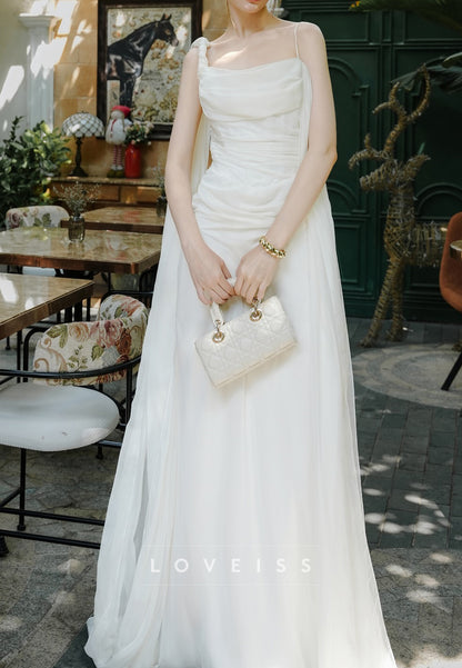 Asymmetrical Spaghetti Straps Pleated Sleek Sheath Wedding Dress
