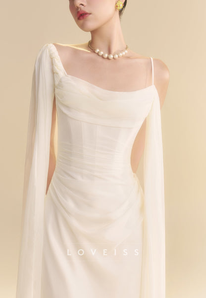 Asymmetrical Spaghetti Straps Pleated Sleek Sheath Wedding Dress