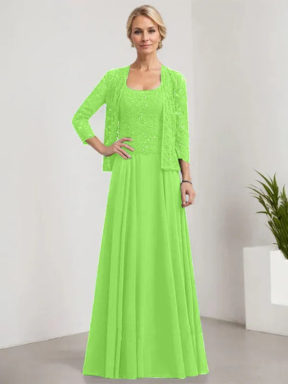 A-line Square Floor-Length Lace Chiffon Mother of the Bride Dress With Sequins