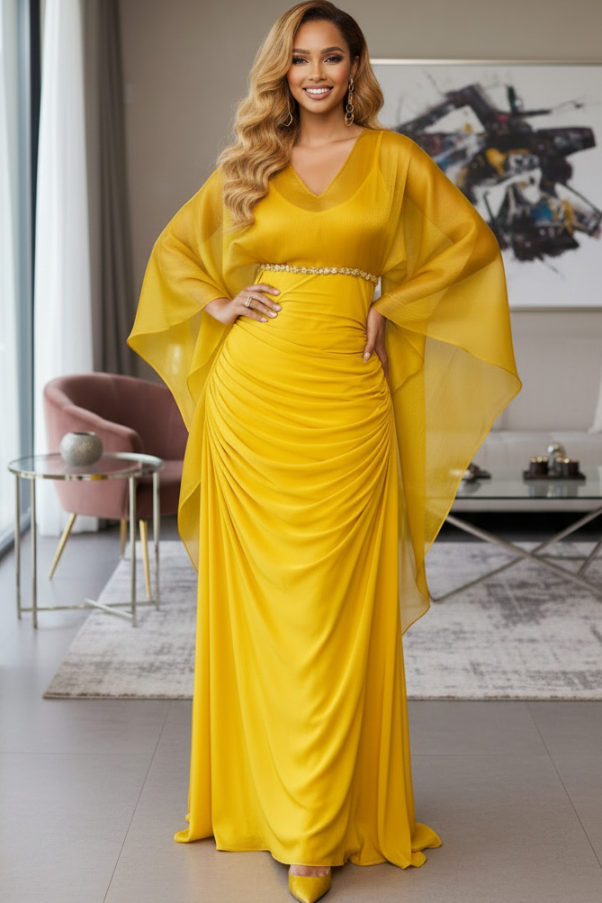 V-Neck Long Sleeves Ruched Evening Dress