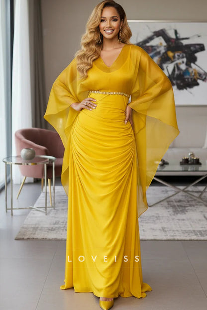 V-Neck Long Sleeves Ruched Evening Dress
