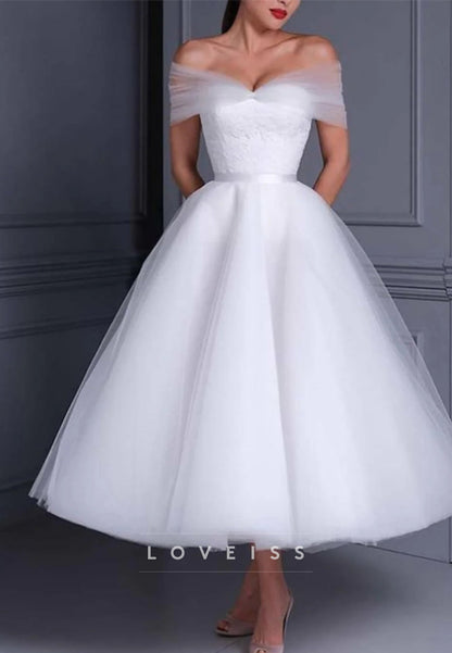 Ball Gown Off-the-Shoulder Tea-length Lace Wedding Dress