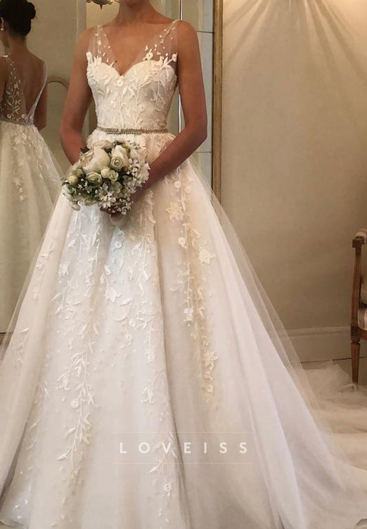 Ball Gown V-Neck Backless Tulle Appliques A-Line Wedding Dress