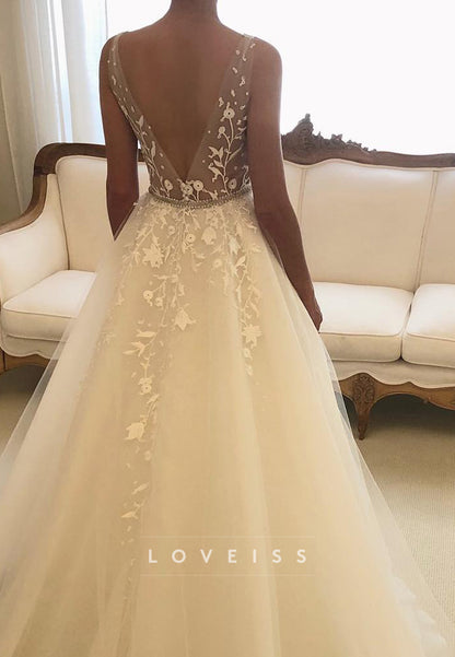 Ball Gown V-Neck Backless Tulle Appliques A-Line Wedding Dress