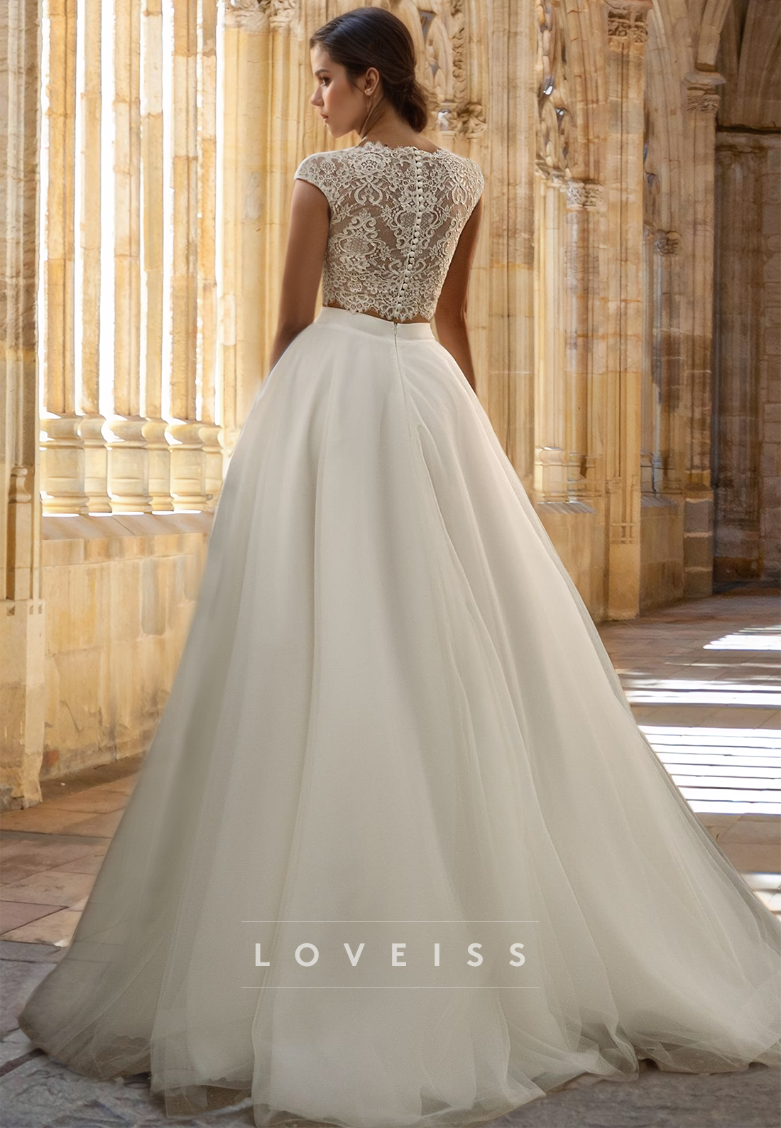 cap sleeve lace wedding dress a line Cap sleeve A-line wedding dress with V-neckline