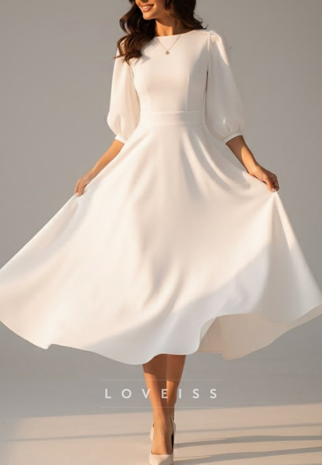 Bateau Half Sleeves Midi Simple A-Line Wedding Dress