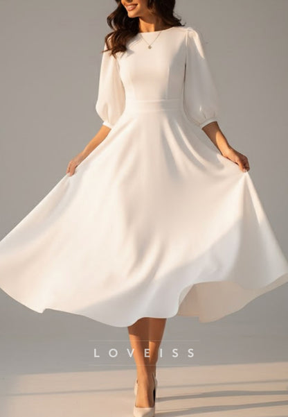 Bateau Half Sleeves Midi Simple A-Line Wedding Dress