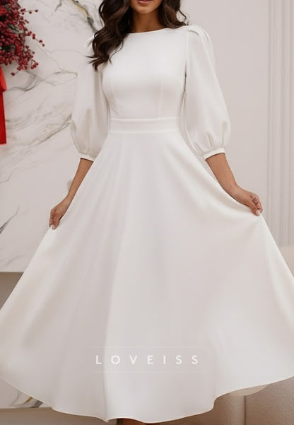 Bateau Half Sleeves Midi Simple A-Line Wedding Dress