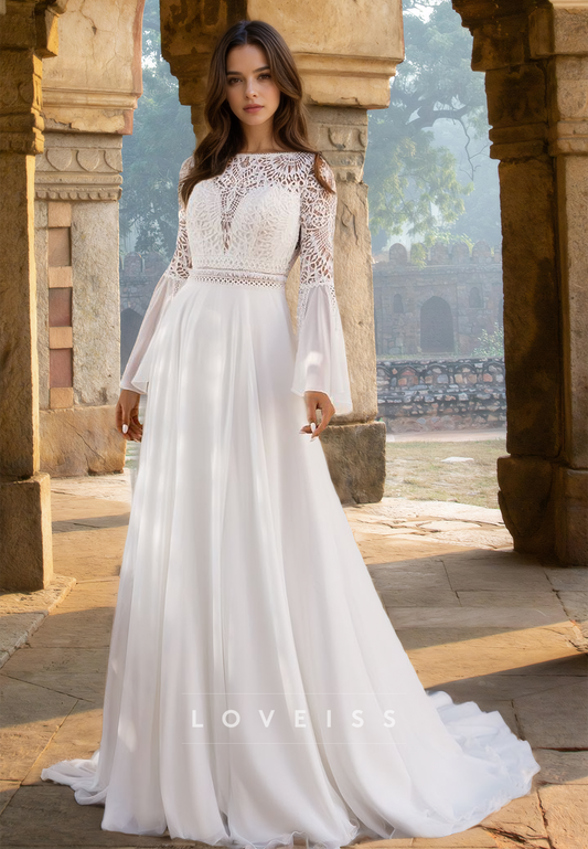 Bateau Long Sleevees Appliques Chiffon Boho A-Line Wedding Dress