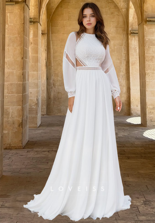 Bateau Long Sleeves Appliques Chiffon Boho A-Line Wedding Dress