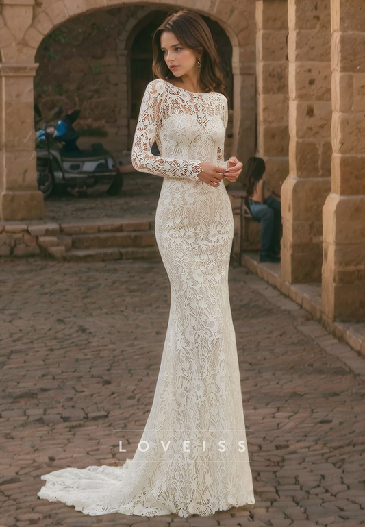 Bateau Long Sleeves Appliques Mermaid Wedding Dress