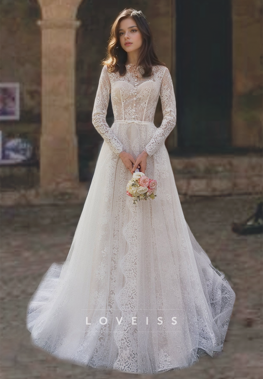 Bateau Long Sleeves Appliques Tulle A-Line Wedding Dress