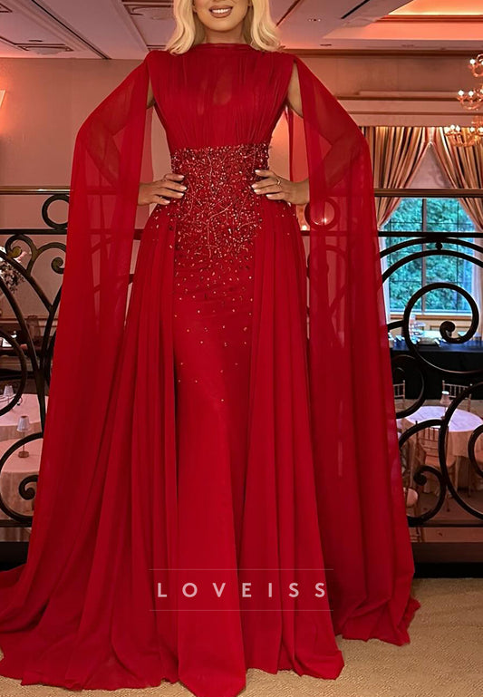 Bateau Long Sleeves Chiffon Beaded Mermaid Evening Dress