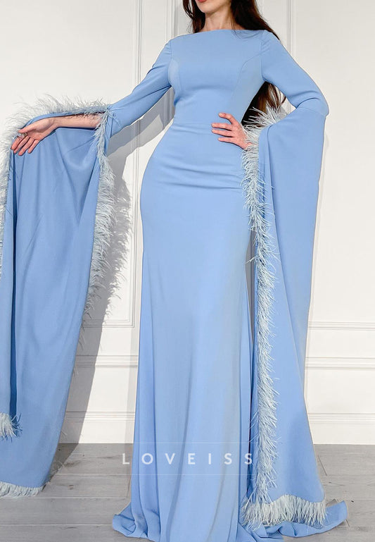 Bateau Long Sleeves Feathered Sleek Sheath Mother of Bride Dress