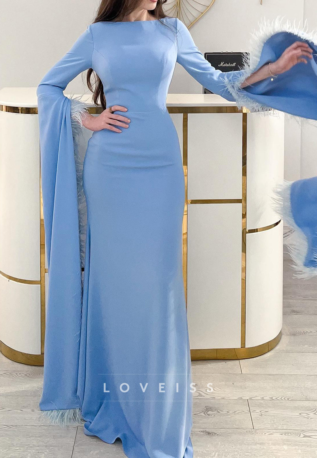 Bateau Long Sleeves Feathered Sleek Sheath Mother of Bride Dress