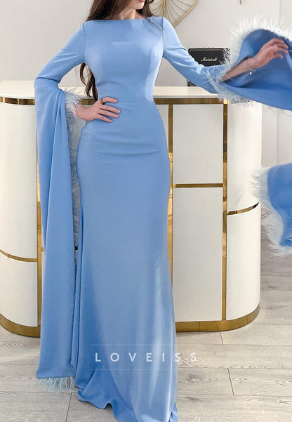 Bateau Long Sleeves Feathered Sleek Sheath Mother of Bride Dress
