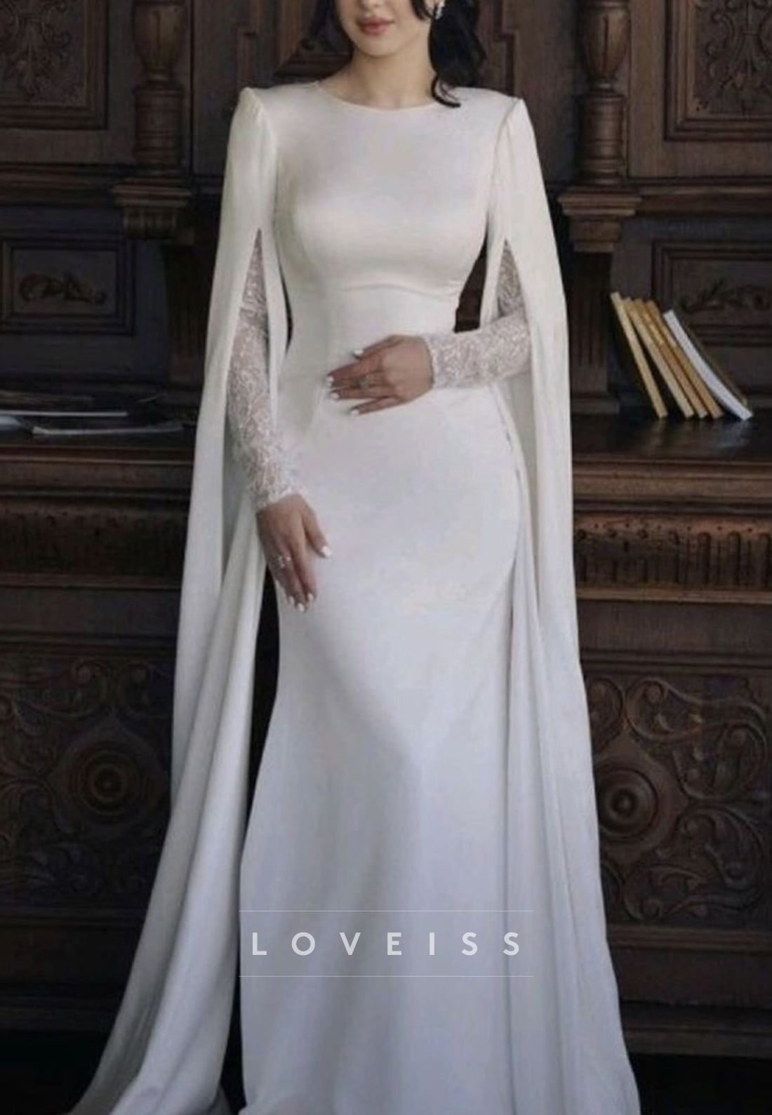 Bateau Long Sleeves Fitted Sleek Classic Wedding Dress