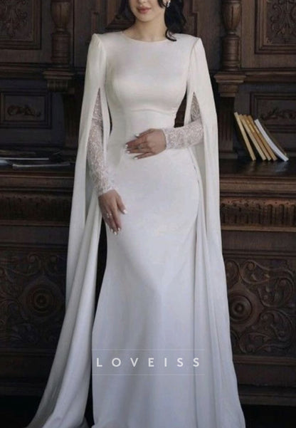 Bateau Long Sleeves Fitted Sleek Classic Wedding Dress