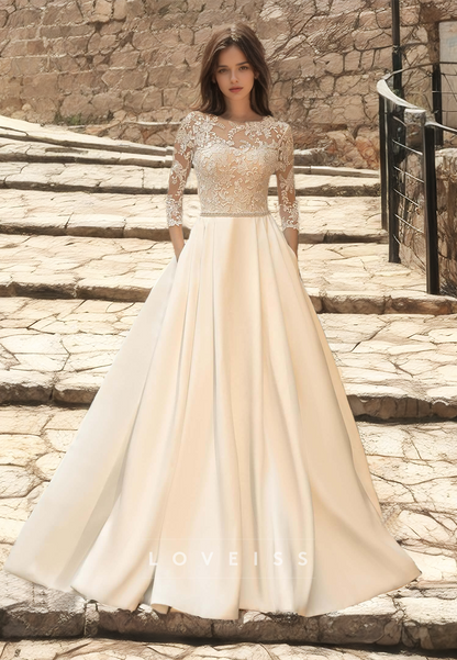 Bateau Long Sleeves Lace Appliques Pleated A-Line Wedding Dress