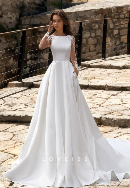 Bateau Long Sleeves Lace Appliques Pleated Satin A-Line Wedding Dress