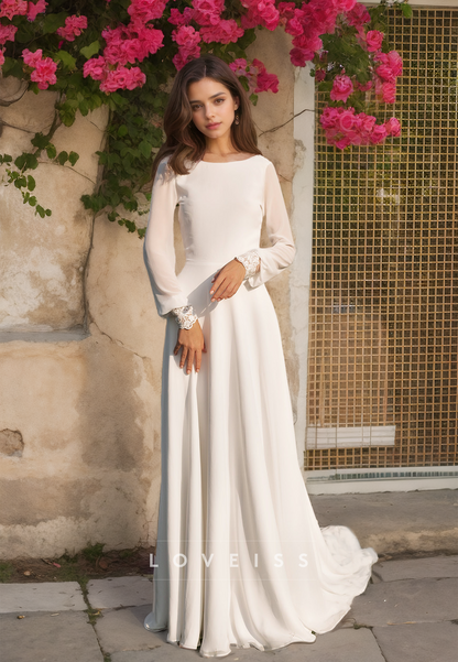 Bateau Long Sleeves Pleated A-Line Classic Wedding Dress