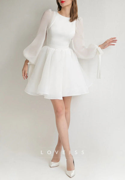 Bateau Long Sleeves Pleated A-Line Short Wedding Dress