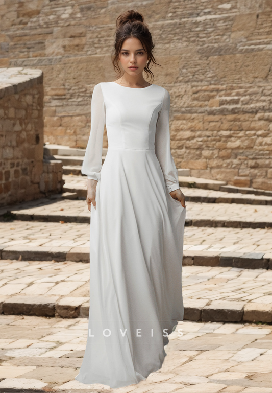 Bateau Long Sleeves Pleated Sleek A-Line Wedding Dress