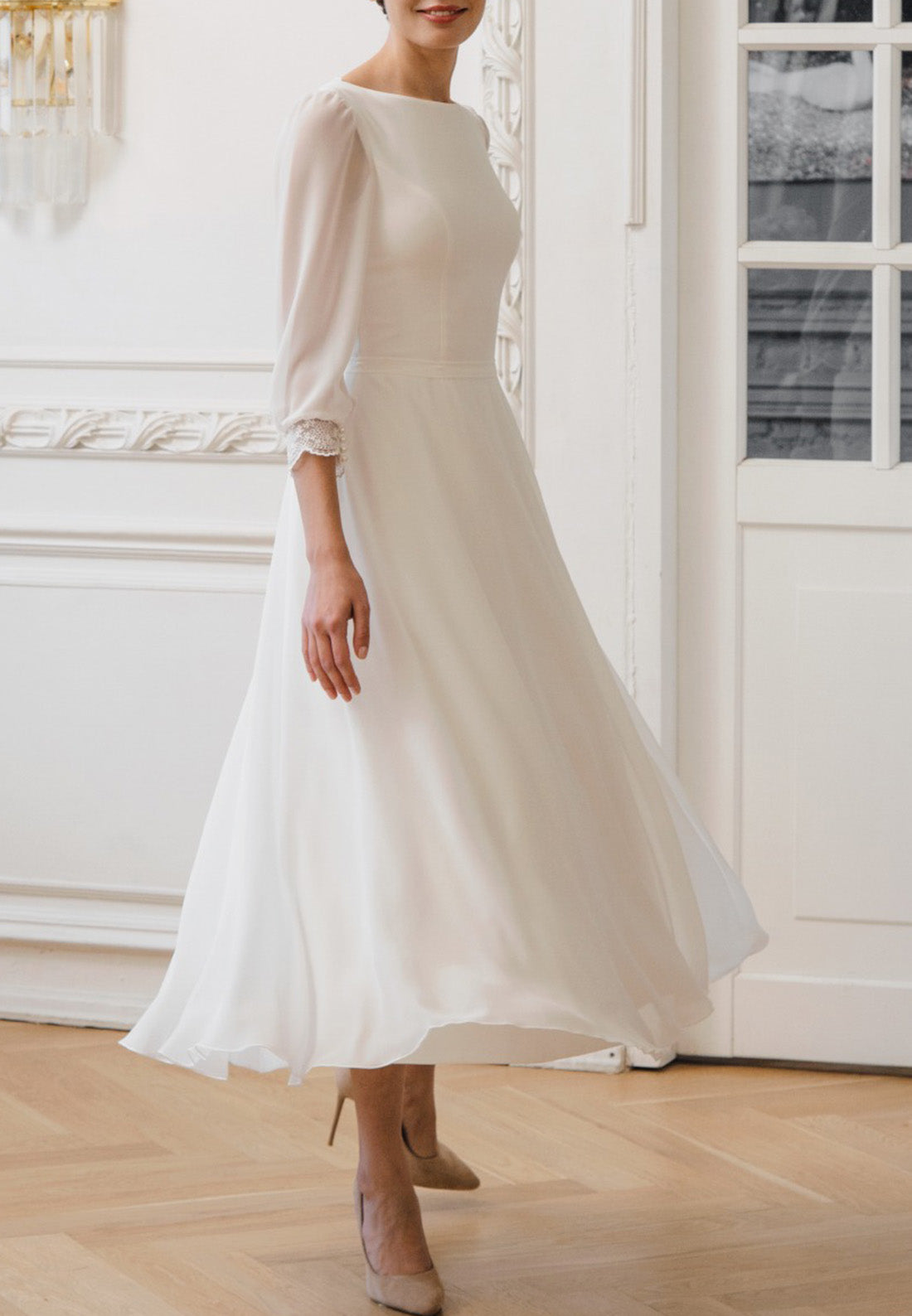 Bateau Long Sleeves Sleek A-Line Wedding Dress