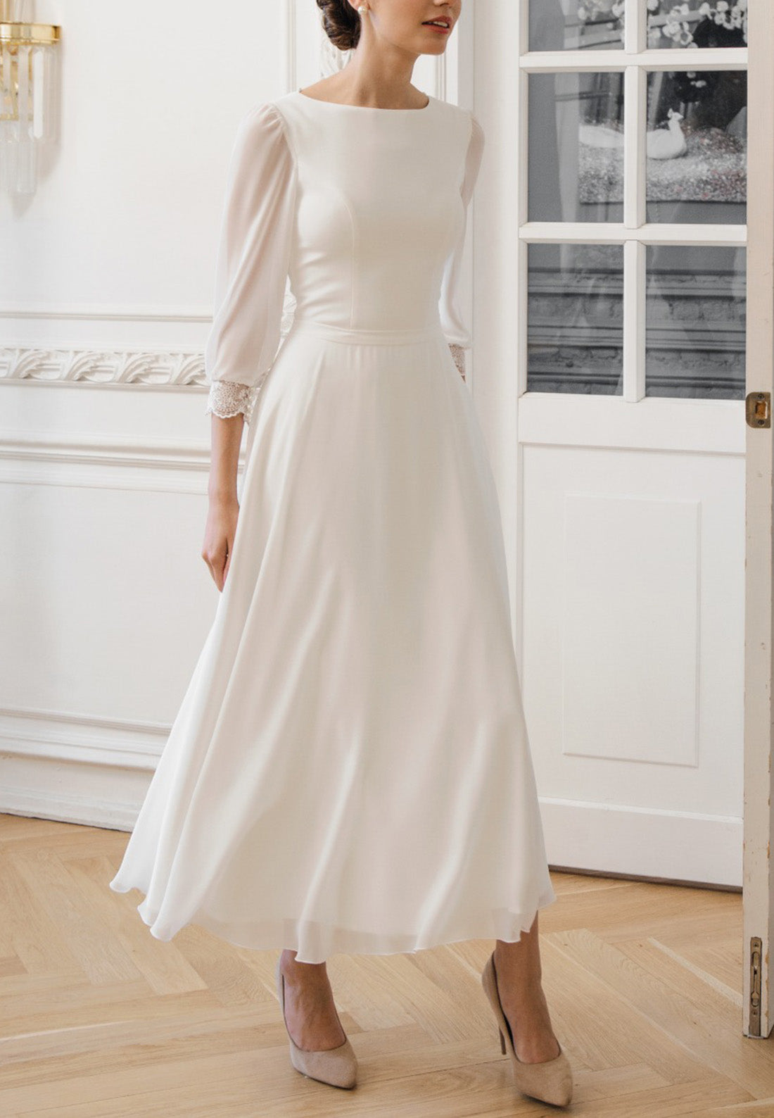 Bateau Long Sleeves Sleek A-Line Wedding Dress