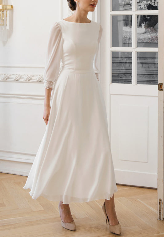Bateau Long Sleeves Sleek A-Line Wedding Dress