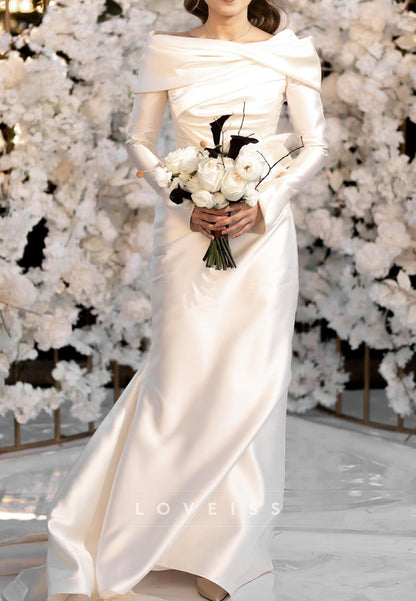 Bateau Long Sleeves Sleek Sheath Satin Wedding Dress