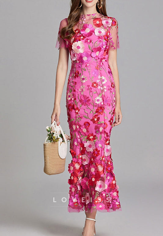Bateau Short Sleeves Floral Appliques Sheath Mother of Bride Dress