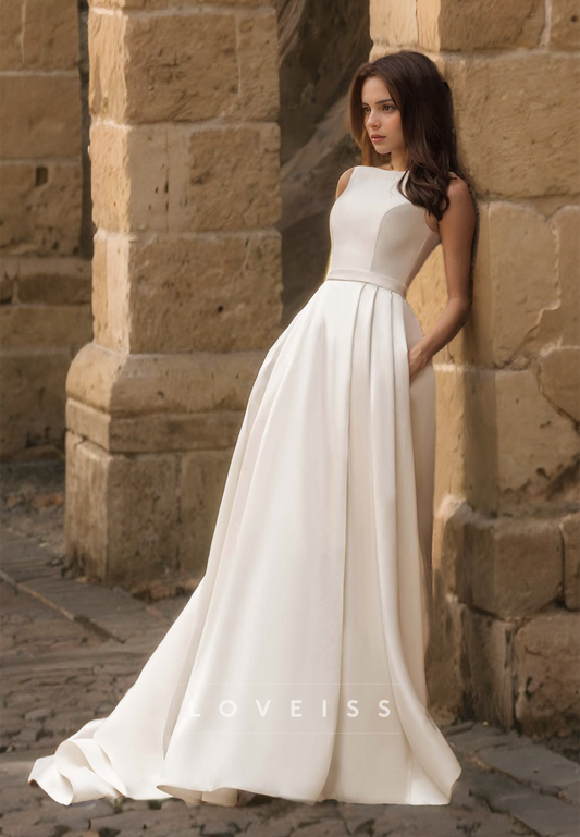 Bateau Sleeveless Appliques Pleated Satin A-Line Wedding Dress