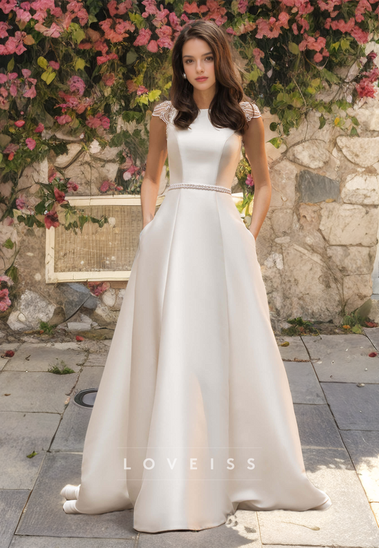 Bateau Sleeveless Backless Sleek Satin Pleated A-Line Wedding Dress