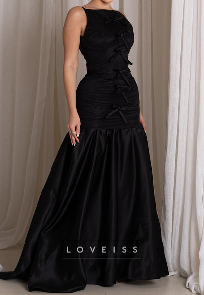 Bateau Sleeveless Bow Pleated Fitted A-Line Evening Dress