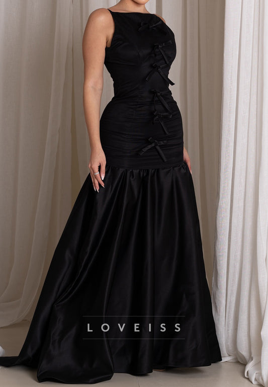 Bateau Sleeveless Bow Pleated Fitted A-Line Evening Dress