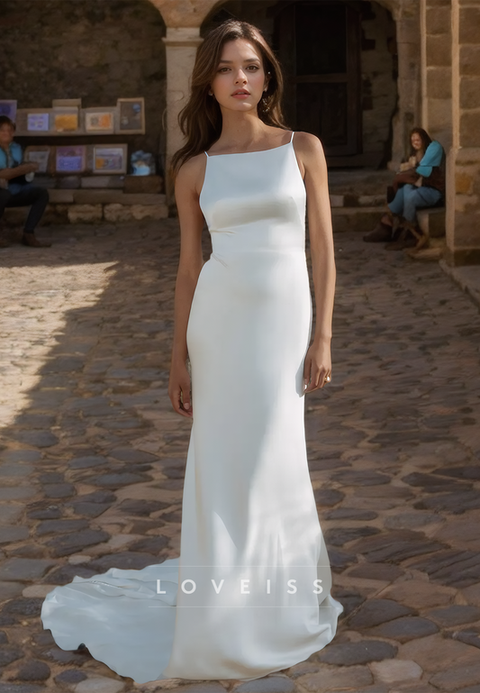 Bateau Spaghetti Straps Sleeveless Sleek Mermaid Wedding Dress