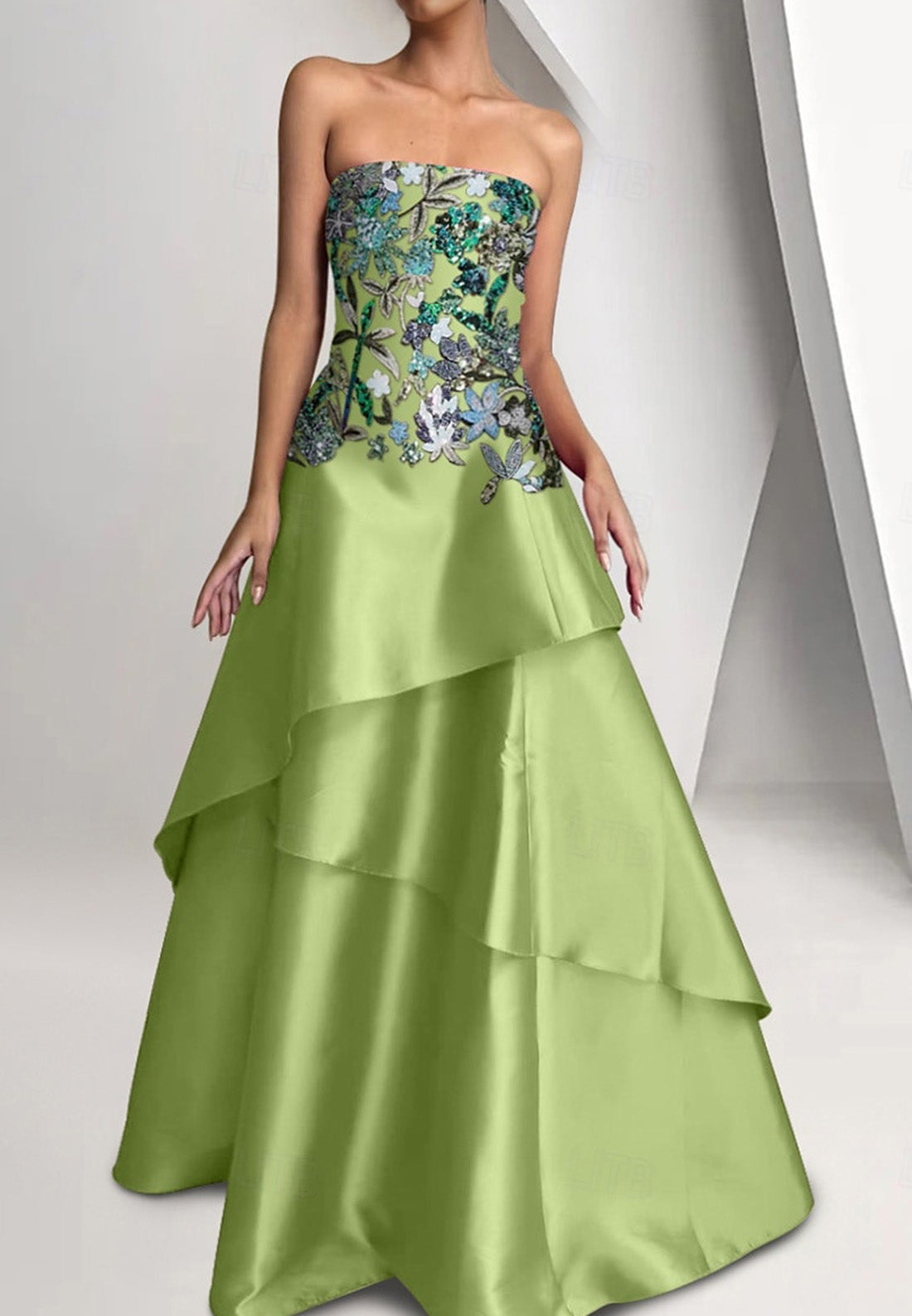 Beaded Gown Dropped Waist A-Line Evening Gown Asymmetrical Tiered Dress
