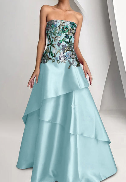 Beaded Gown Dropped Waist A-Line Evening Gown Asymmetrical Tiered Dress
