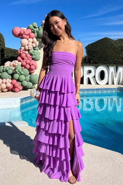 Beautiful A Line Strapless Purple Long Prom Dress with Ruffles
