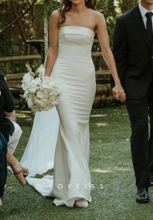 Beautiful Mermaid Strapless White Wedding Dress with Button Up