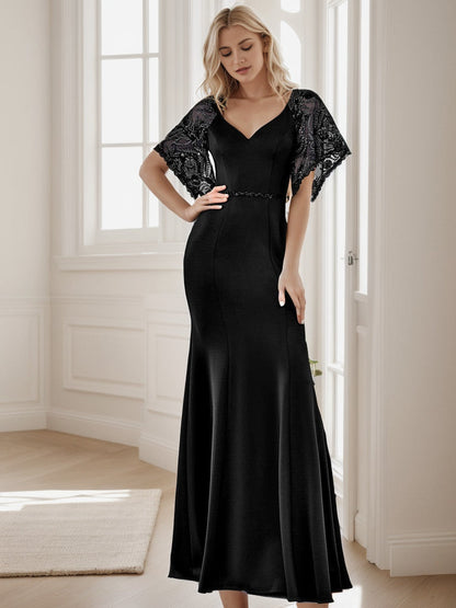 Weitese Sexy V Neck Maxi Bodycon Evening Dress with Flare Sleeves