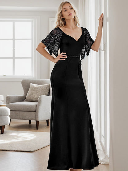 Weitese Sexy V Neck Maxi Bodycon Evening Dress with Flare Sleeves