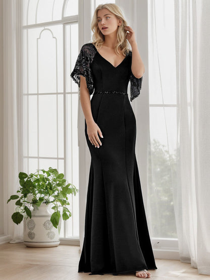 Weitese Sexy V Neck Maxi Bodycon Evening Dress with Flare Sleeves