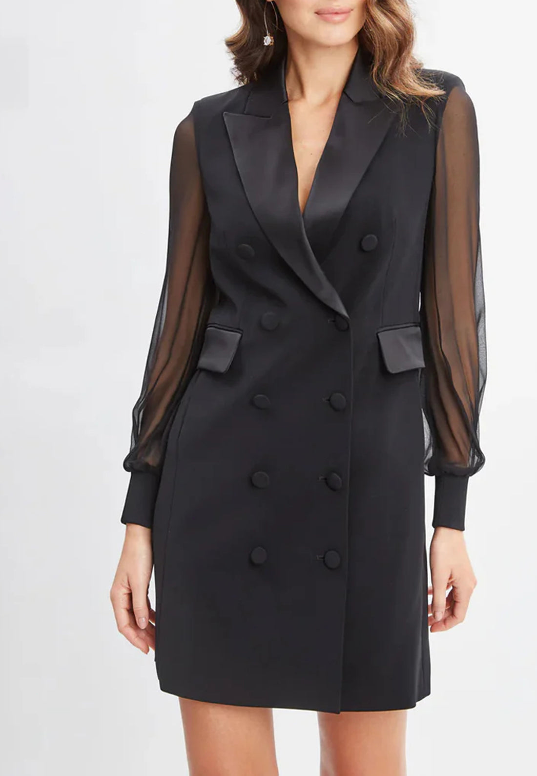 Black Blazer Short Work Dress With Organza Sleeves