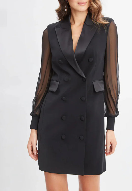 Black Blazer Short Work Dress With Organza Sleeves