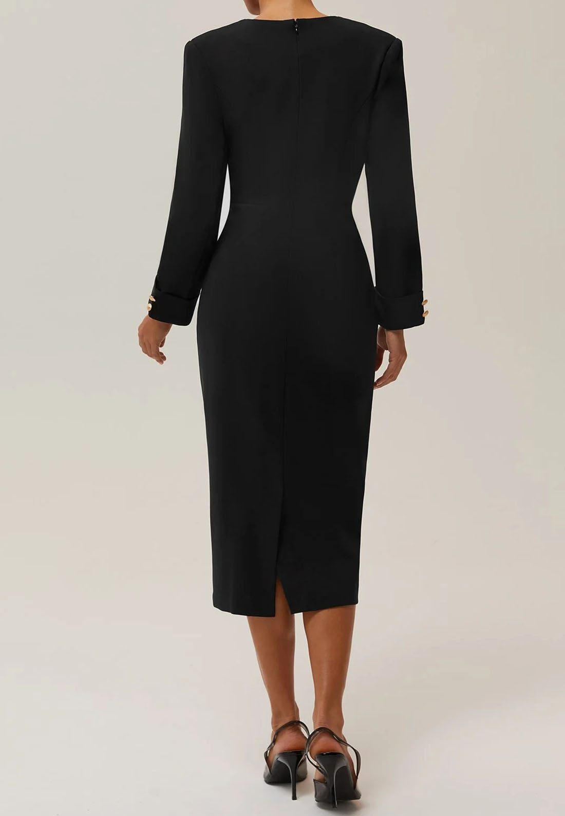 Black Buckle V Neck Long Sleeve Sheath Midi Blazer Dress