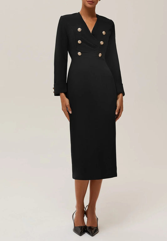 Black Buckle V Neck Long Sleeve Sheath Midi Blazer Dress